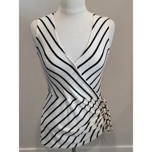 NEW Banana Republic Sleeveless Top Faux Wrap White Black Stripe Ruched SMALL